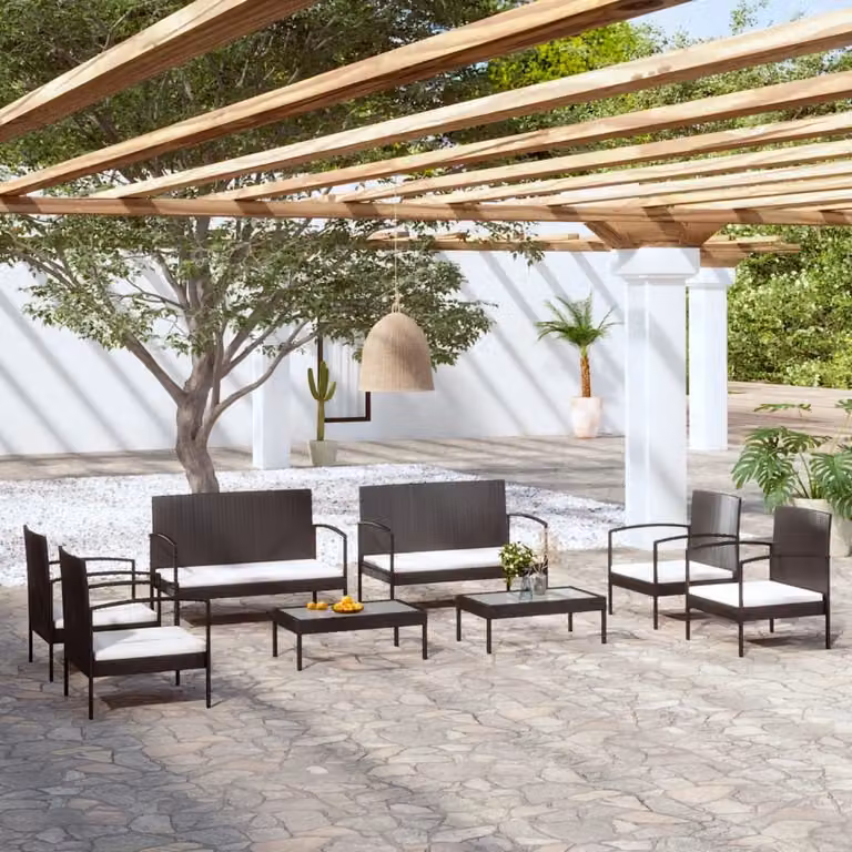 The Living Store Set salotto da giardino 8 pezzi con cuscini in poly rattan nero