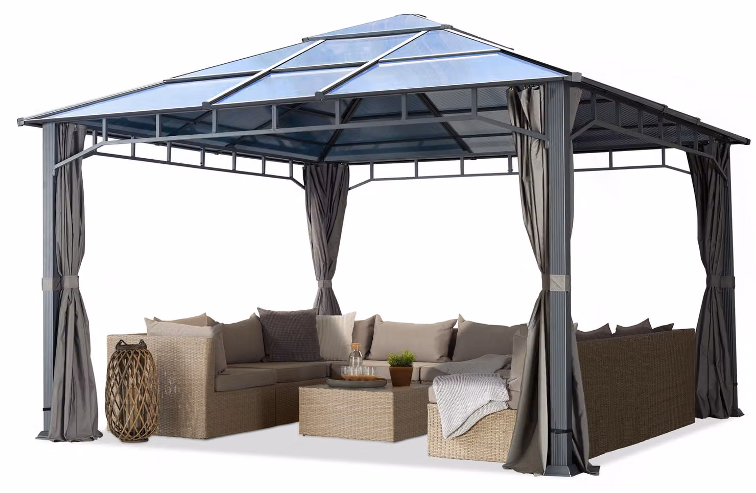 TOOLPORT Gazebo da Giardino 4x4 m Telaio in Alluminio Tetto in Policarbonato da ca. 8 mm 4 Teli Laterali Color Grigio