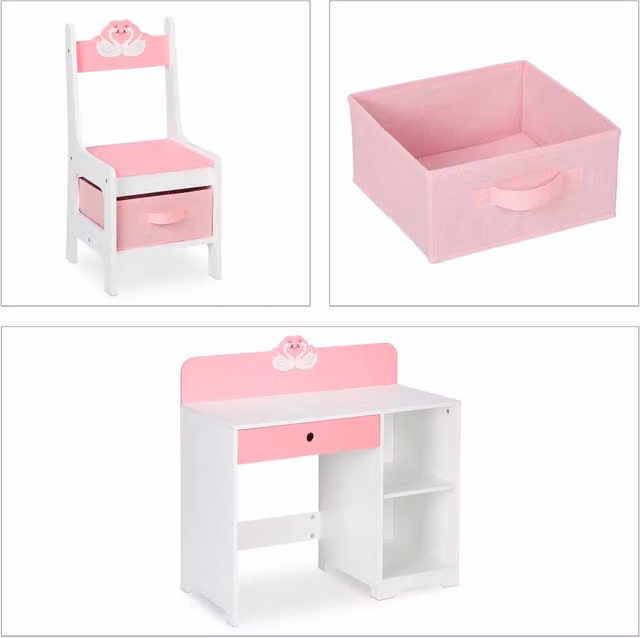 Scrivania e sedia per bambini per cameretta 70 x 50 x 70 cm con contenitori motivo cigno in MDF bianco 13_0012323