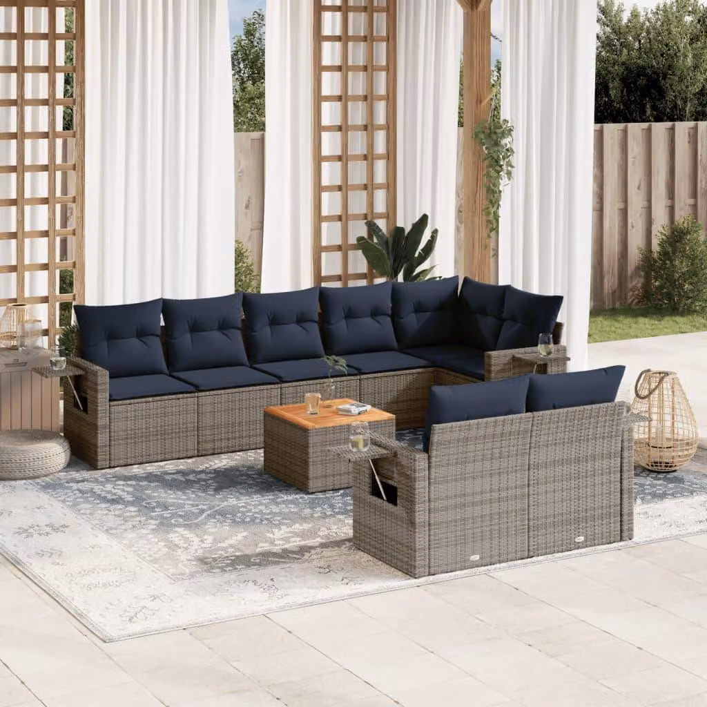 Maison Exclusive - Set di 9 pezzi per giardino con cuscini, grigio, polyrattan