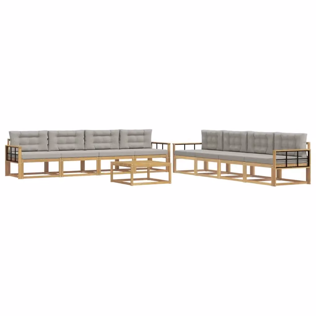 Set di mobili da giardino vidaXL composto da 9 pezzi con divani, tavolino da caffè e cuscini in tessuto resistente ai raggi UV, colore bianco e grigio, struttura in legno di acacia – 2