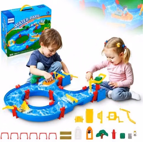 VEVOR Tavolo da gioco sensoriale per bambini con sabbia e acqua, blu, L: 76 cm, P: 51 cm, H: 16 cm, con 39 accessori