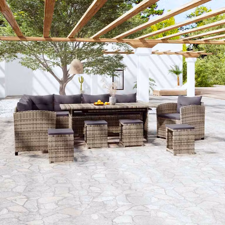 Set di divani da giardino vidaXL in polyrattan grigio con 7 pezzi e cuscini