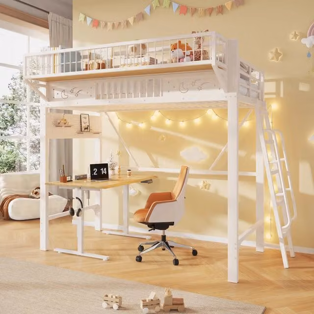 Letto a soppalco per bambini 90x200 cm; in metallo con vani portaoggetti integrati e spazio inferiore aperto; bianco