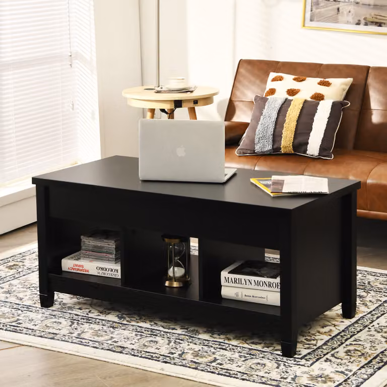 COSTWAY Tavolino da caffè regolabile in altezza Tavolo da divano con piano sollevabile Spazio di archiviazione e 3 ripiani aperti Tavolino da salotto Nero