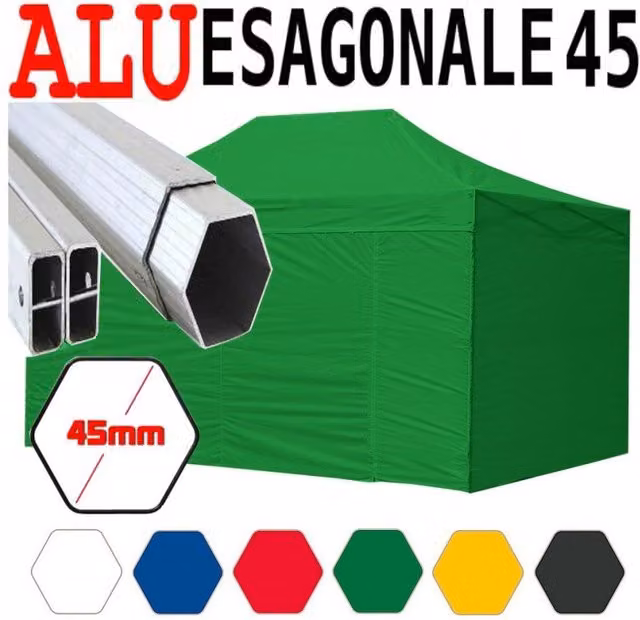 Gazebo 3x4,5 m verde pieghevole alluminio piantone esagonale 45mm portatile estendibile richiudibile estensibile acciaio con laterali per fiere eventi stand chiosco tenda tendone mercato mercatino