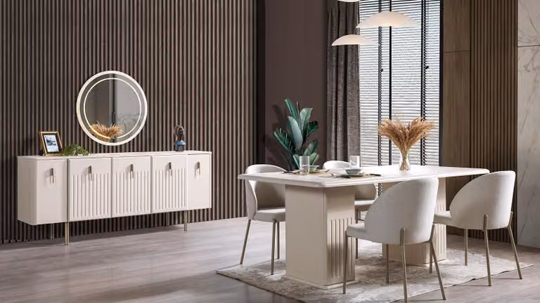 Tavolo da pranzo, 4 sedie, cassettiera, sala da pranzo, stile moderno, colore bianco, praticamente nuovo