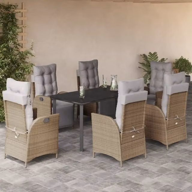 Set Pranzo da Giardino vidaXL in Polyrattan con Piano in Vetro e 7 Cuscini Beige Misto – 1