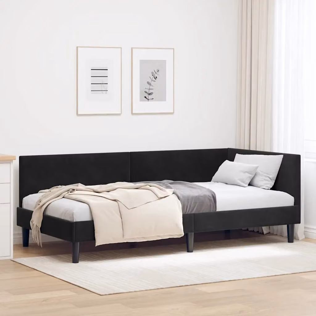 Cornice del letto ad angolo vidaXL in velluto nero, L/P/H: 190 x 90 x 72 cm