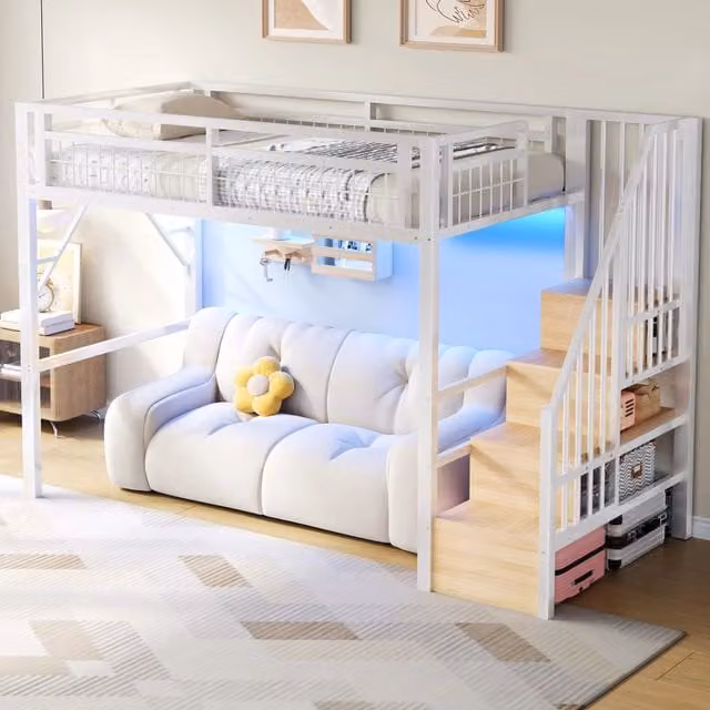 Letto a soppalco singolo Mivray in metallo e MDF bianco con scala contenitore e illuminazione LED sottostante, L/P/H: 90 x 200 x 254 cm