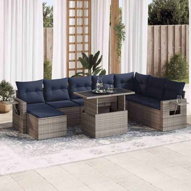 Set Divano da Giardino a L vidaXL 9pz con Cuscini Blu e Grigio in Polyrattan e Acciaio con Tavolino e Ottoman