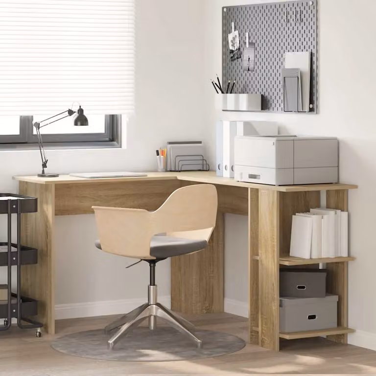 Scrivania ad angolo moderna vidaXL in legno ingegnerizzato MDF, colore beige e marrone, L: 140 cm, P: 113,5 cm, H: 75 cm