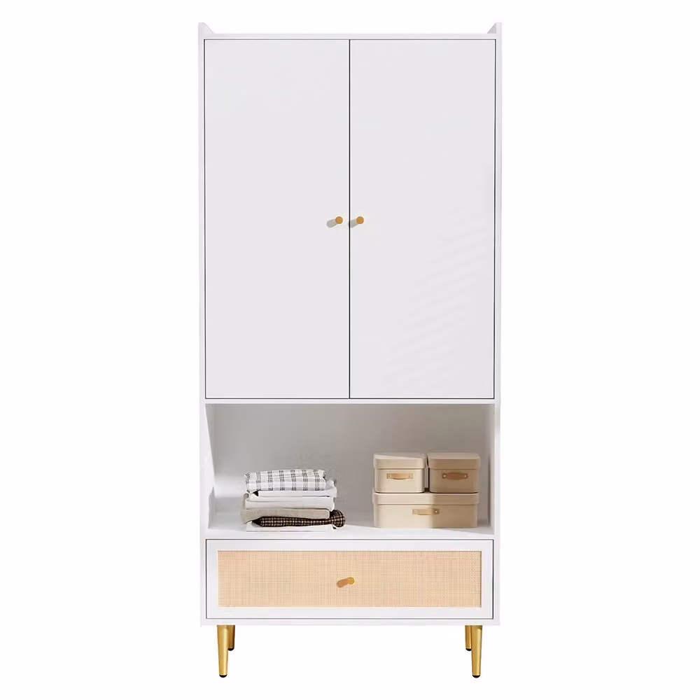 Armadio moderno a 2 ante con cassetti e ripiani in rattan, bianco e beige, L: 80 cm, P: 48 cm, H: 175 cm – 2