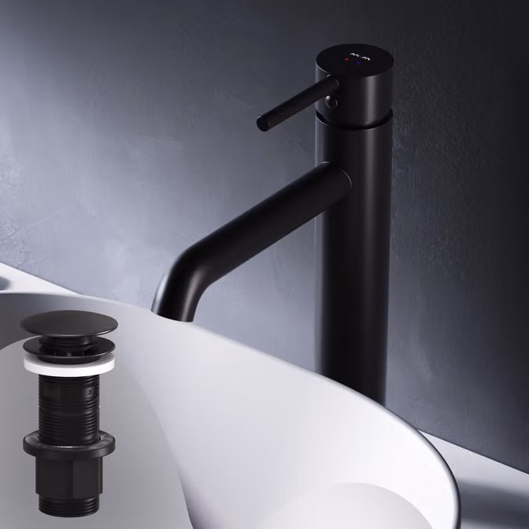 AM.PM Rubinetto pop-up per lavabo, finitura nera, con valvola di scarico e gruppo di scarico. Ideale per bagni