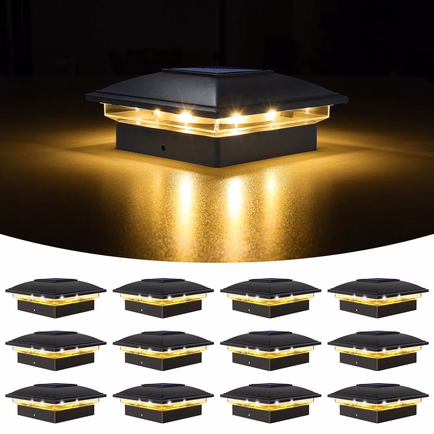 Lampada solare per pali, confezione da 12 pezzi, colore nero, grado di protezione IP64, adatta per pali di dimensioni 4x4–6x6