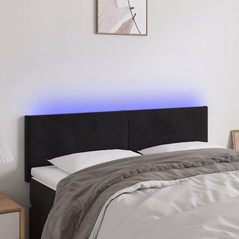 Testiera per letto vidaXL in velluto nero con illuminazione LED e porta di ricarica USB, L 144 x P 5 x H 78/88 cm