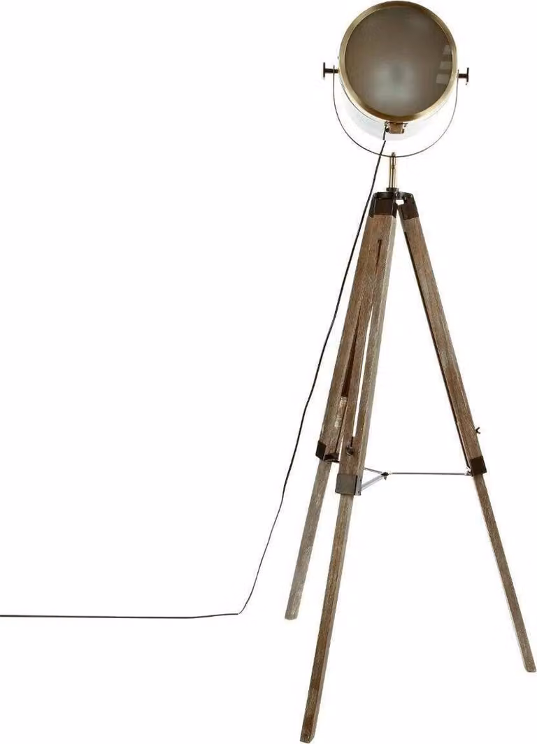 Lampada da terra a treppiede marrone, industriale, a forma di faretto.