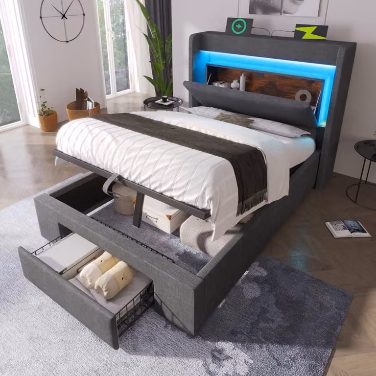 Letto imbottito 90x200 cm con vano contenitore idraulico, LED, USB e USB-C, letto in lino grigio, con rete a doghe, senza materasso