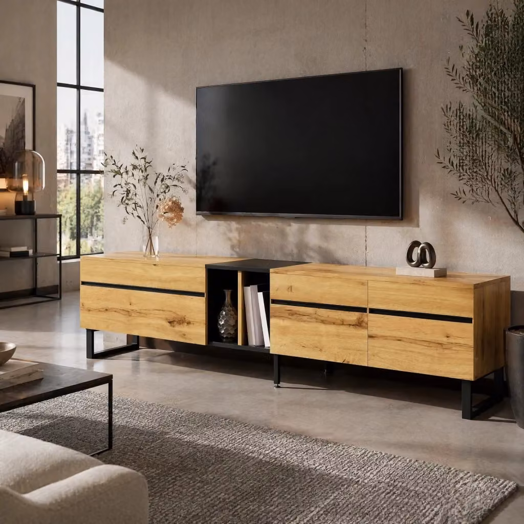 Mobile TV moderno MODFU effetto legno marrone con vano a ribalta e scomparti, L: 180 cm, P: 38 cm, H: 45 cm – 2