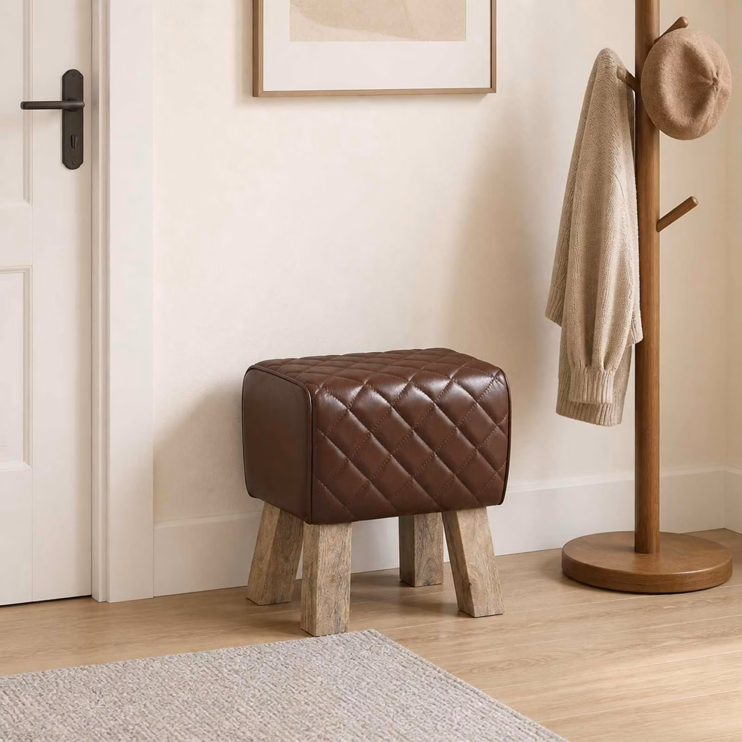 Panchina Chesterfield vidaXL in vera pelle marrone e legno di mango, L/P/H: 110 x 40 x 45 cm