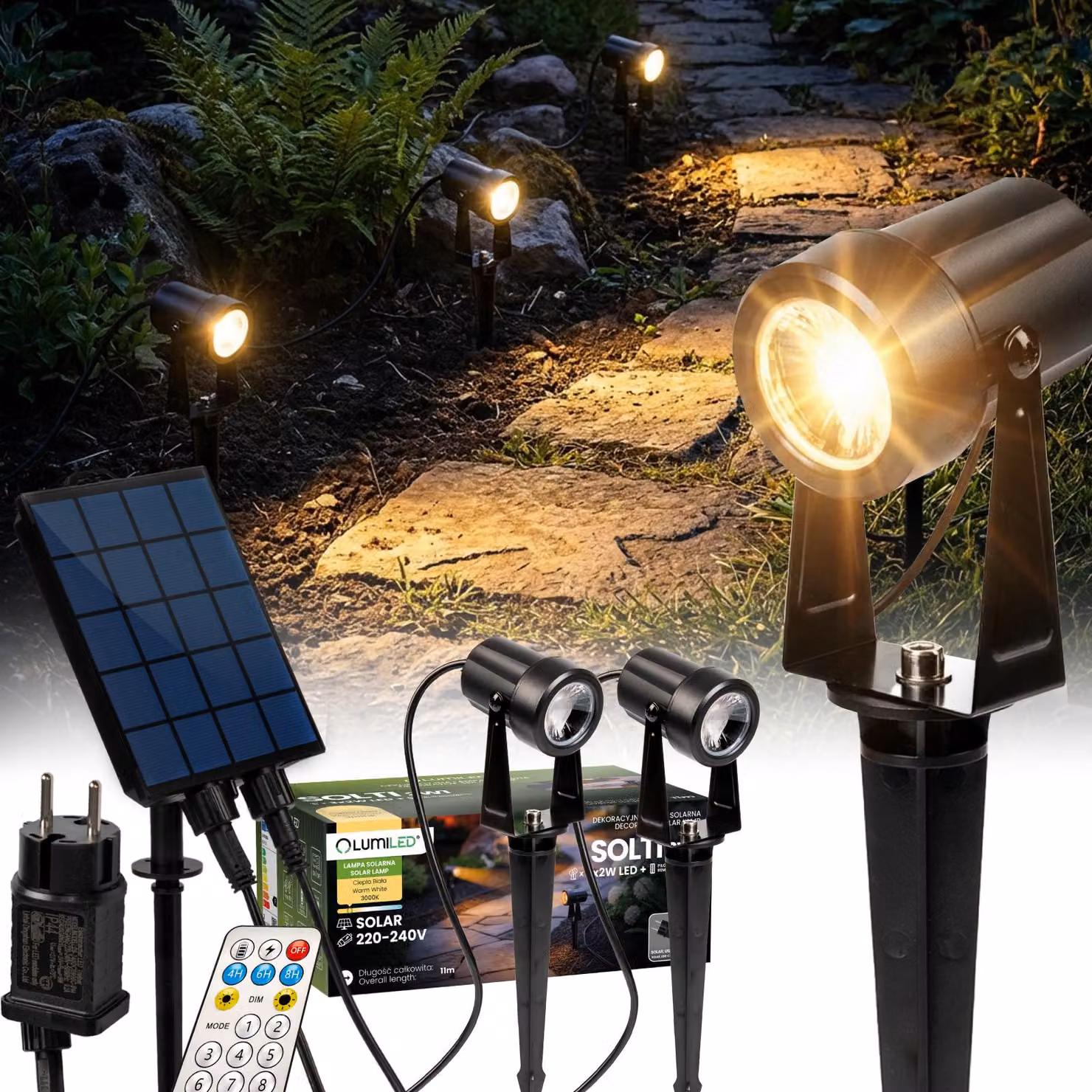 LUMILED Faretto da giardino solare 2 in 1, faretto LED 3x2W con adattatore e telecomando, portata 11 m, IP65 impermeabile, luce bianca calda 3000K, 8 modalità, illuminazione da esterno per giardino, cortile e alberi