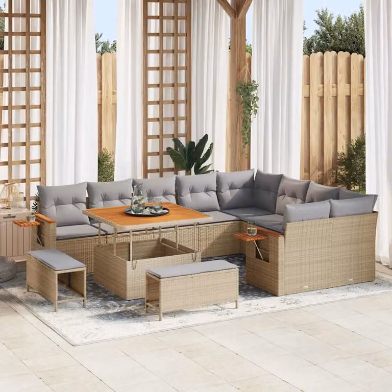vidaXL Set Divano da Giardino 13 Pezzi per 11 Persone in Polyrattan Beige e Grigio con Cuscini e Tavolino