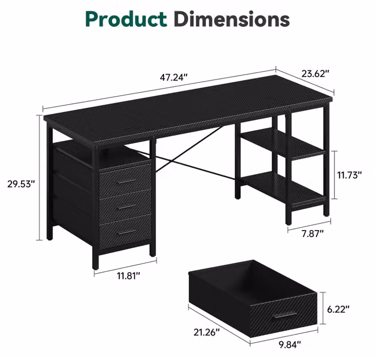 Scrivania per computer - Scrivania da gaming - 120 × 60 × 75 cm - 3 cassetti rivestiti in tessuto - 3 ripiani - Colore nero