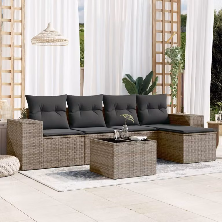 Set Divano da Giardino vidaXL 6 pz in Polyrattan Grigio con Cuscini e Tavolino