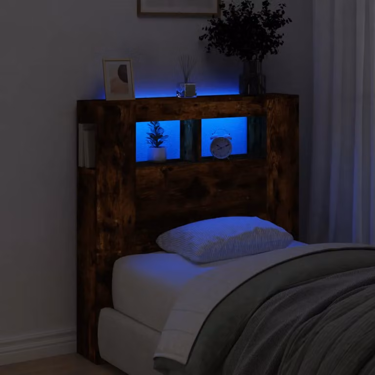 Testiera con LED vidaXL in legno multistrato Rovere Fumo, con mensola integrata e porta USB, L 100 x P 18,5 x H 103,5 cm