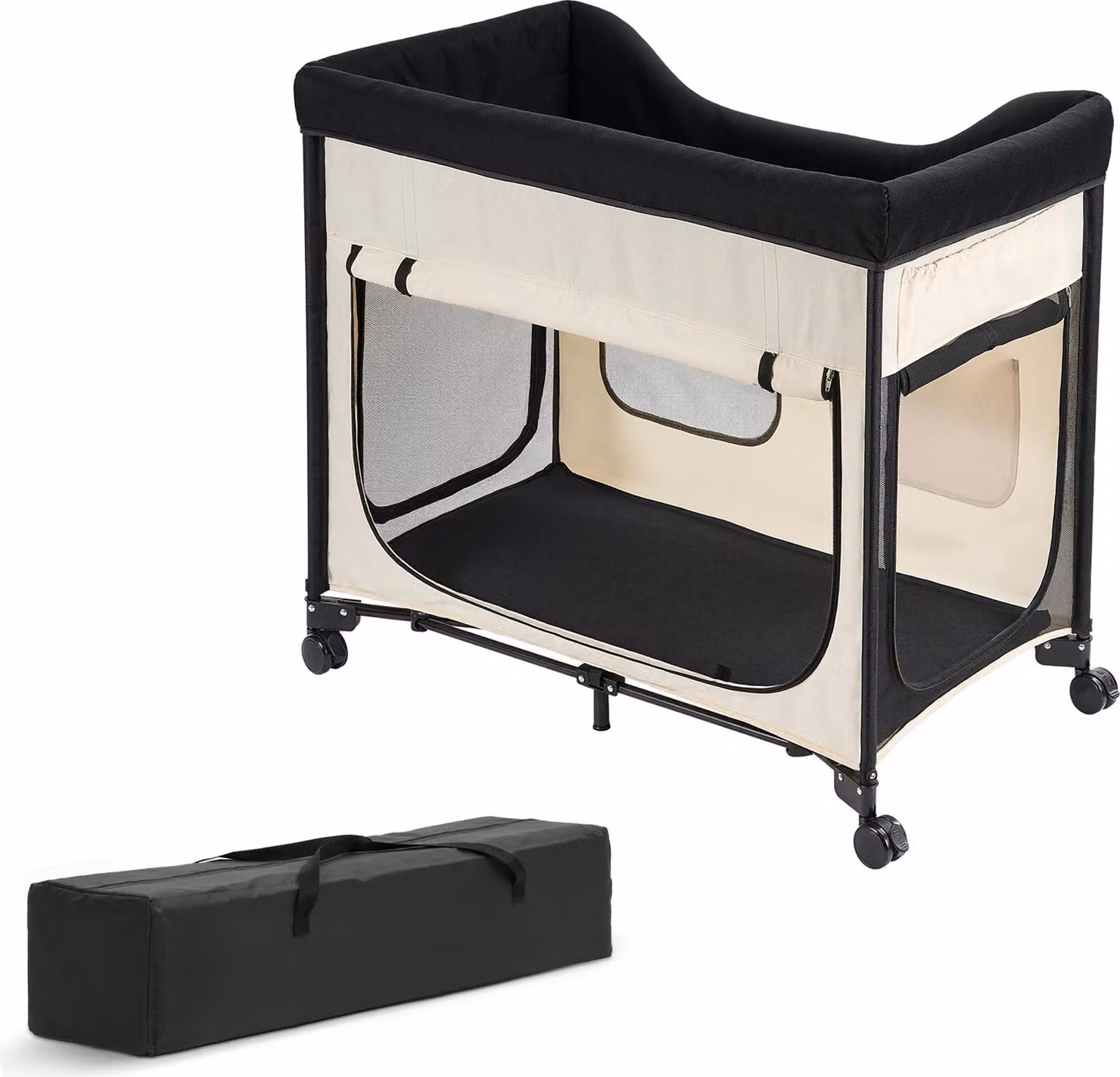 SucceBuy Letto rialzato per animali (L), letto pieghevole per cani in tessuto Oxford 600D e velluto olandese, letto portatile con ruote, tasche laterali e borsa per il trasporto, beige