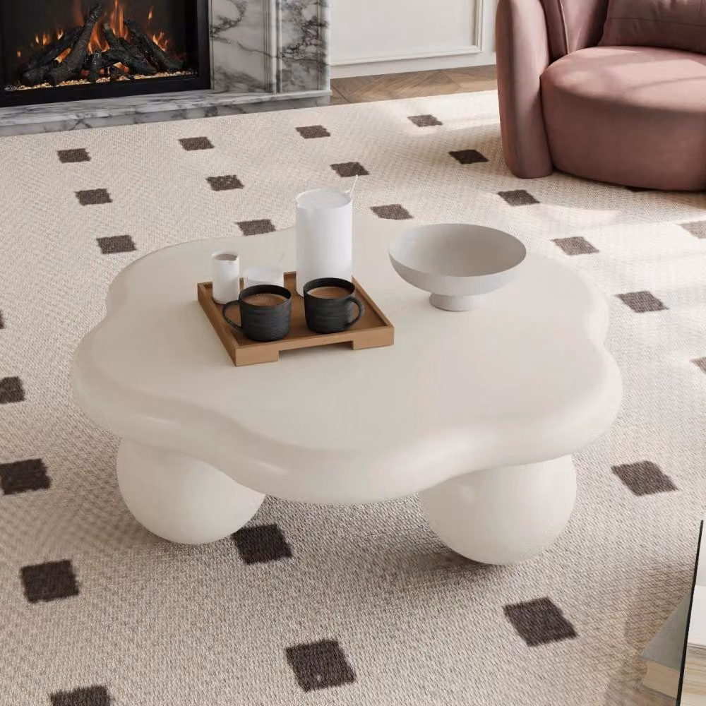 Tavolino da caffè a forma di nuvola - 80 cm - Piano del tavolo a forma di petalo - Gambe sferiche - Materiali: MDF e plastica - Adatto ai bambini e agli animali domestici - Colore: bianco