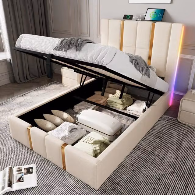 Letto contenitore singolo OKWISH in lino beige con base a sollevamento, illuminazione sottostante, porte USB e USB-C, L/P: 90 x 200 cm