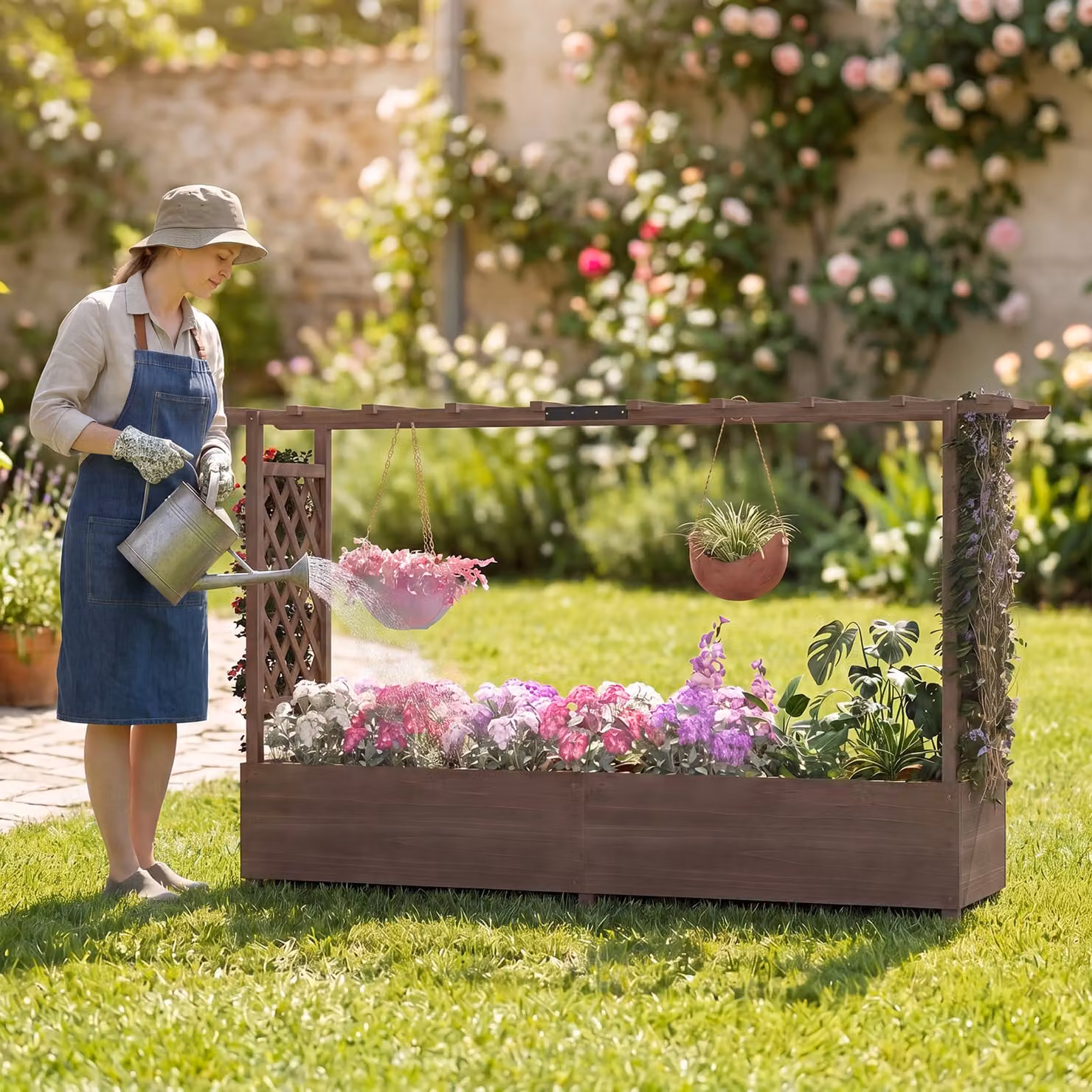Fioriera rialzata Costway in legno marrone con traliccio e tettoia per fiori, verdure, erbe e piante rampicanti