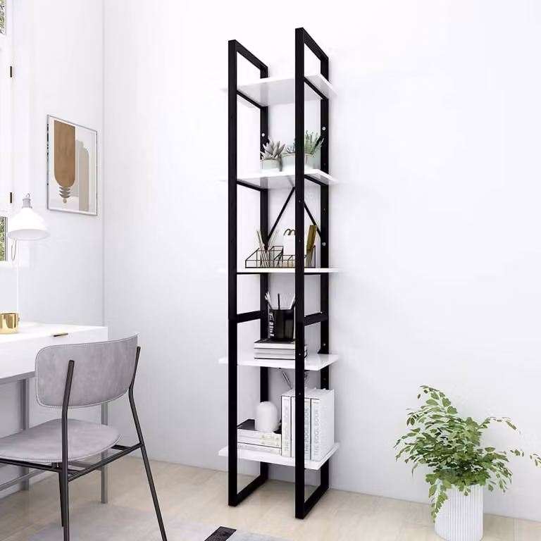 Libreria bianca in stile industrial vidaXL con 5 ripiani in legno e metallo L 40 cm, P 30 cm, H 175 cm