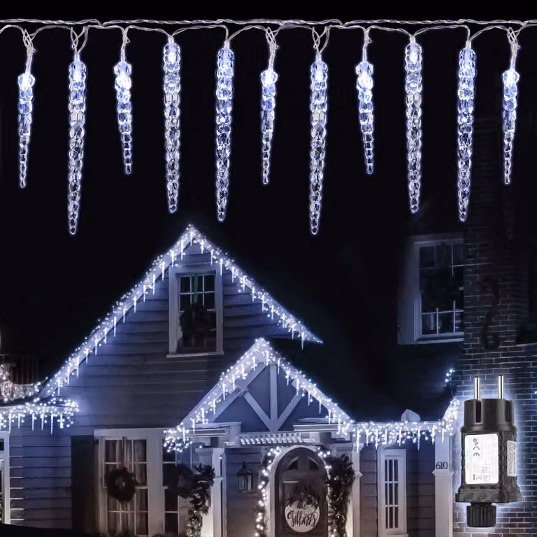 Catena luminosa LED Salcar, 5 metri, 40 LED, effetto stalattiti, luce bianca fredda. Catena luminosa LED con 9 modalità e funzione di memoria. Ideale per decorazioni a tema pioggia di ghiaccio, feste e eventi