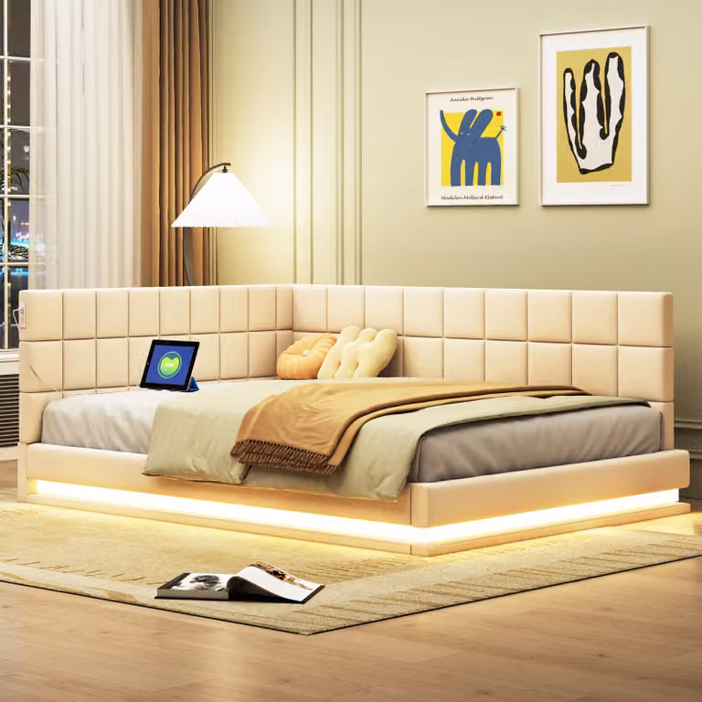 Letto imbottito Flieks 140x200 cm con USB e LED, divano letto con rete a doghe, letto matrimoniale, letto per ragazzi, letto per ospiti, divano letto funzionale, lino, beige