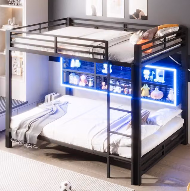 Letto a castello ULEVR 140x200 cm con 6 armadietti contenitore e illuminazione LED, metallo nero