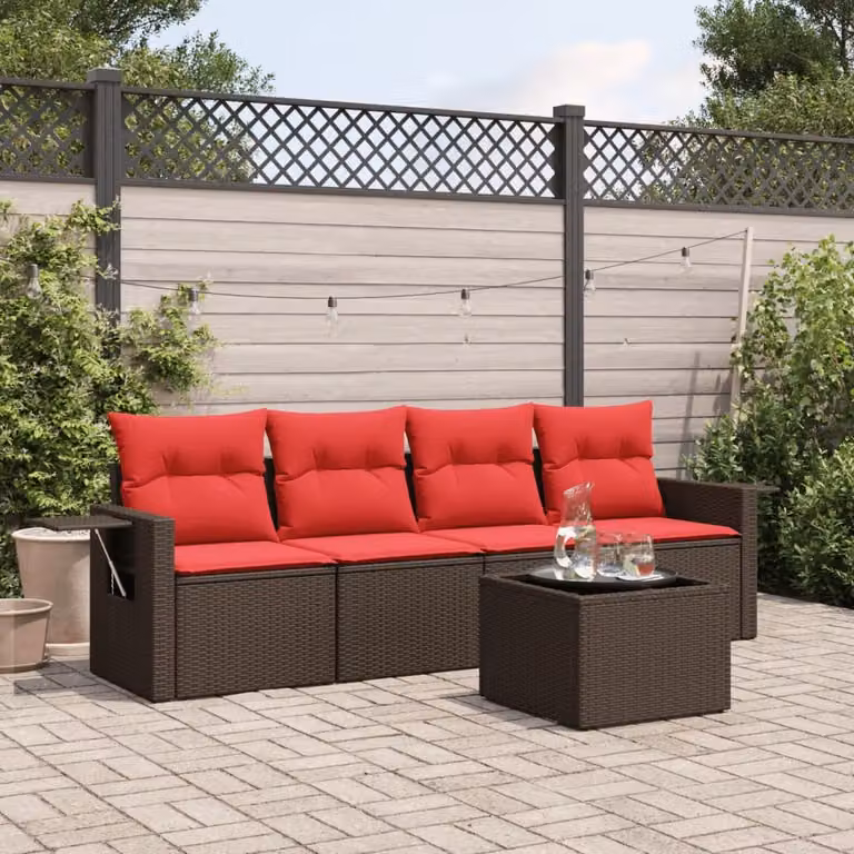 Set da giardino vidaXL composto da 5 pezzi in polyrattan marrone con cuscini imbottiti e tavolino