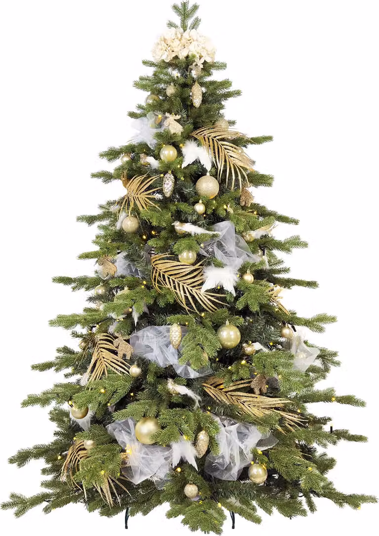 Albero di Natale artificiale decorato con 203 ornamenti PIACERE DI VELLUTO II 270 cm con supporto e ornamenti natalizi verde