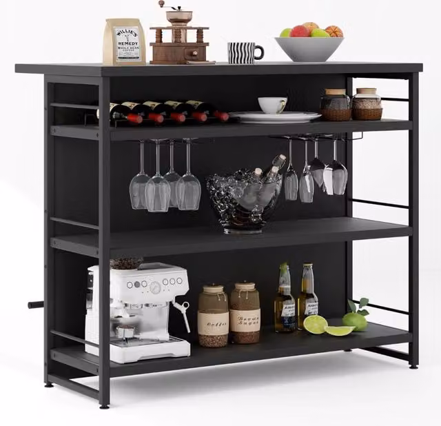 Isola cucina stile industriale con 3 ripiani aperti portabottiglie e porta calici, Mobile bar con poggiapiedi Nero