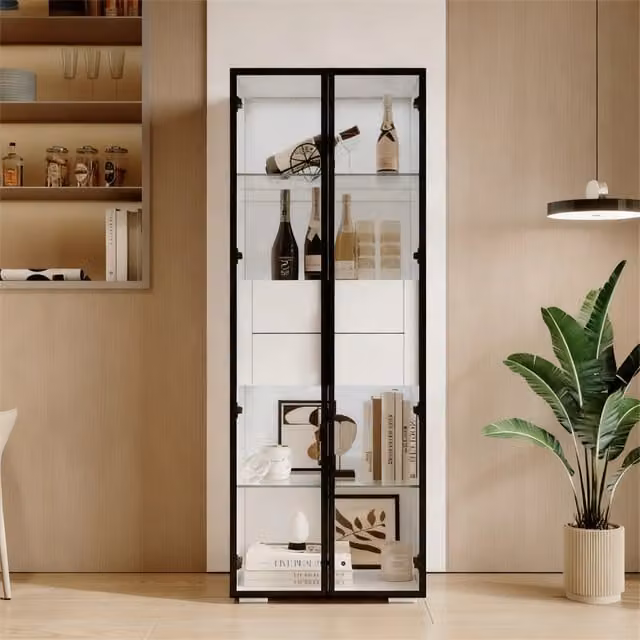 Vetrina bianca con ante in vetro e LED; 70 x 30 x 200 cm; cassetto e vani; truciolare