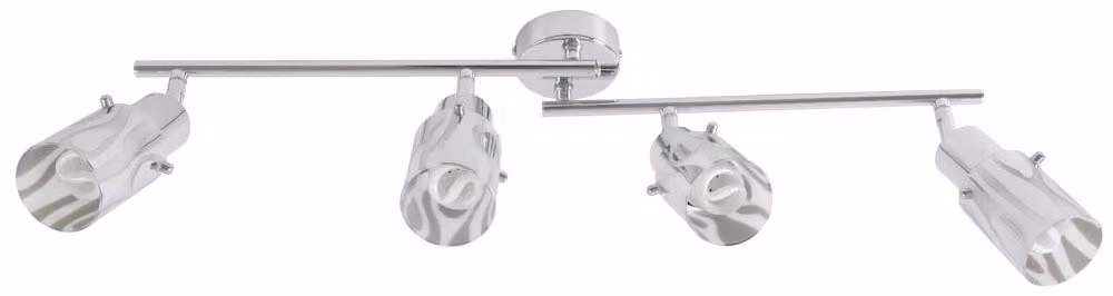Lampada a soffitto, cromata, con diffusore in vetro opale e faretti orientabili, lunghezza 69 cm