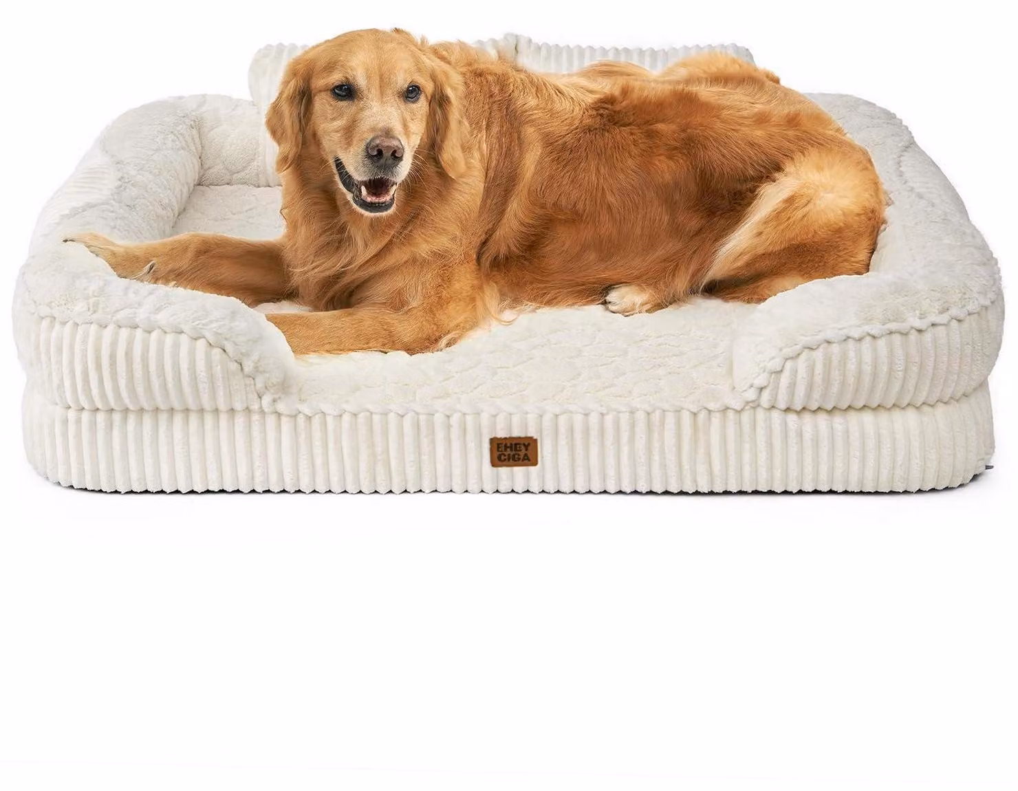 Cuccia ortopedica per cani di grandi dimensioni, 107x76 cm, color beige, con supporto per il collo e rivestimento impermeabile