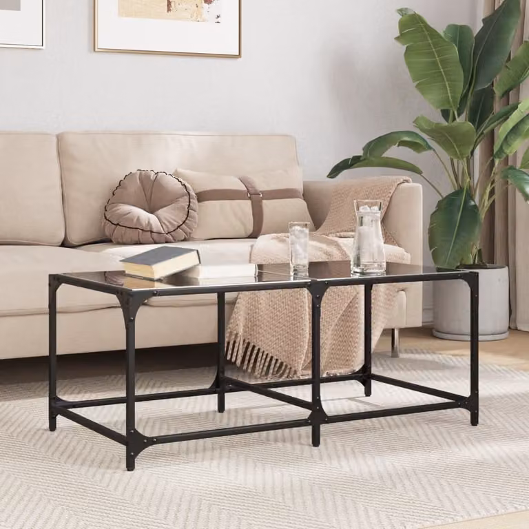 vidaXL Tavolino moderno con piano in vetro nero e struttura in metallo L: 98,5 cm, P: 50 cm, H: 40 cm