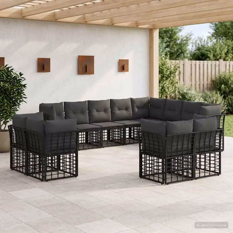 vidaXL Set di divano da esterno a forma di L con cuscini, Nero e Grigio
