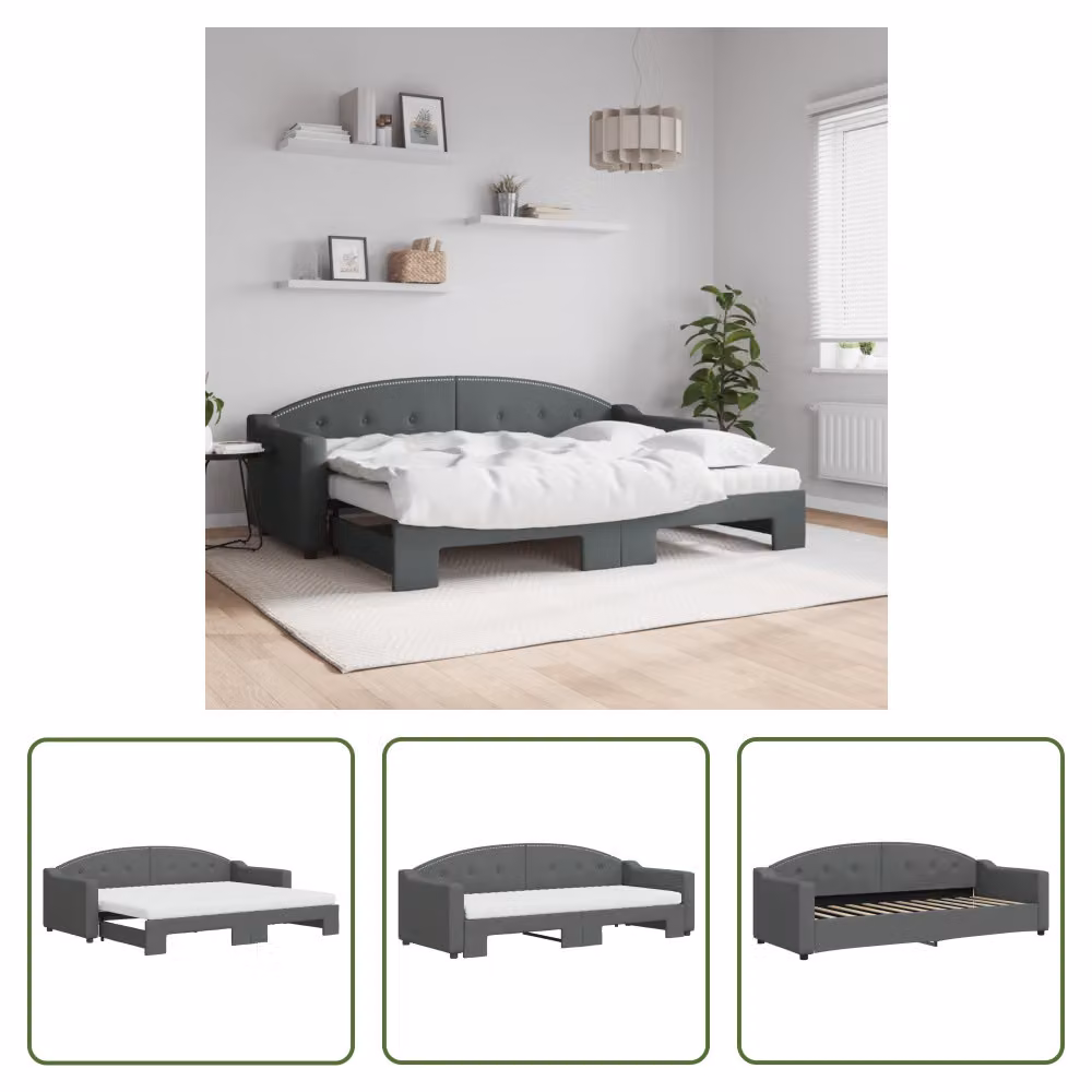 The Living Store Letto da giorno allungabile con materassi grigio scuro 80x200 cm in tessuto