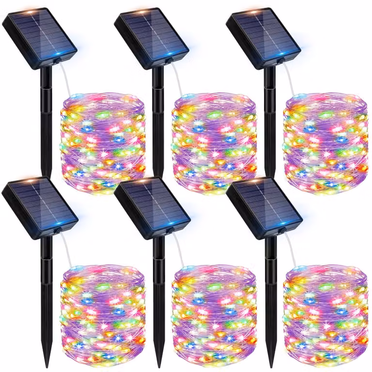 Set di 6 catene luminose solari, lunghezza totale 12+2 metri, multicolore, resistenti alle intemperie, impermeabili