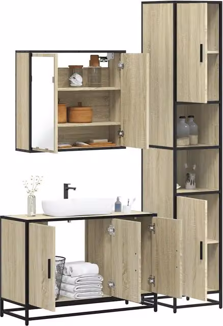 Set di mobili da bagno industrial vidaXL in legno e metallo marrone composto da mobile sottolavabo, pensile con specchio e colonna alta