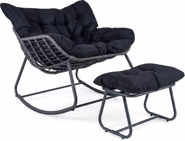 Sedia a dondolo in rattan da interno ed esterno portata 150 kg, Poltrona a dondolo con poggiapiedi e cuscini rimovibili Nero