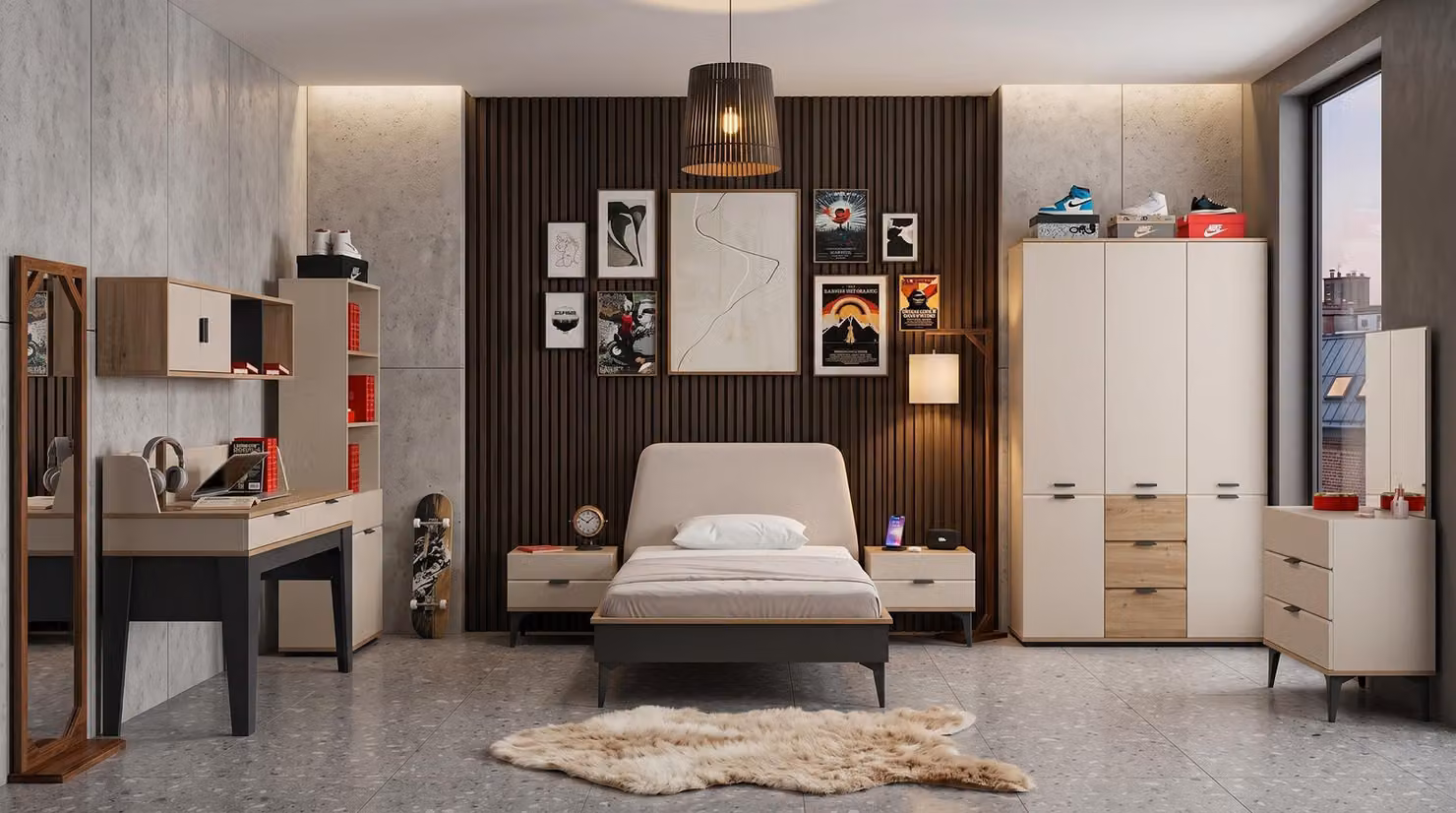 Camera da letto per adolescenti in tonalità beige: letto, armadio, cassettiera, comodini, scrivania
